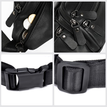 OrrinSports Black Leather Fanny Pack for Men & Women, Fashionable Multi-Pockets Waist Belt Bag for Travel Sports Hiking Cycling Fishing Running