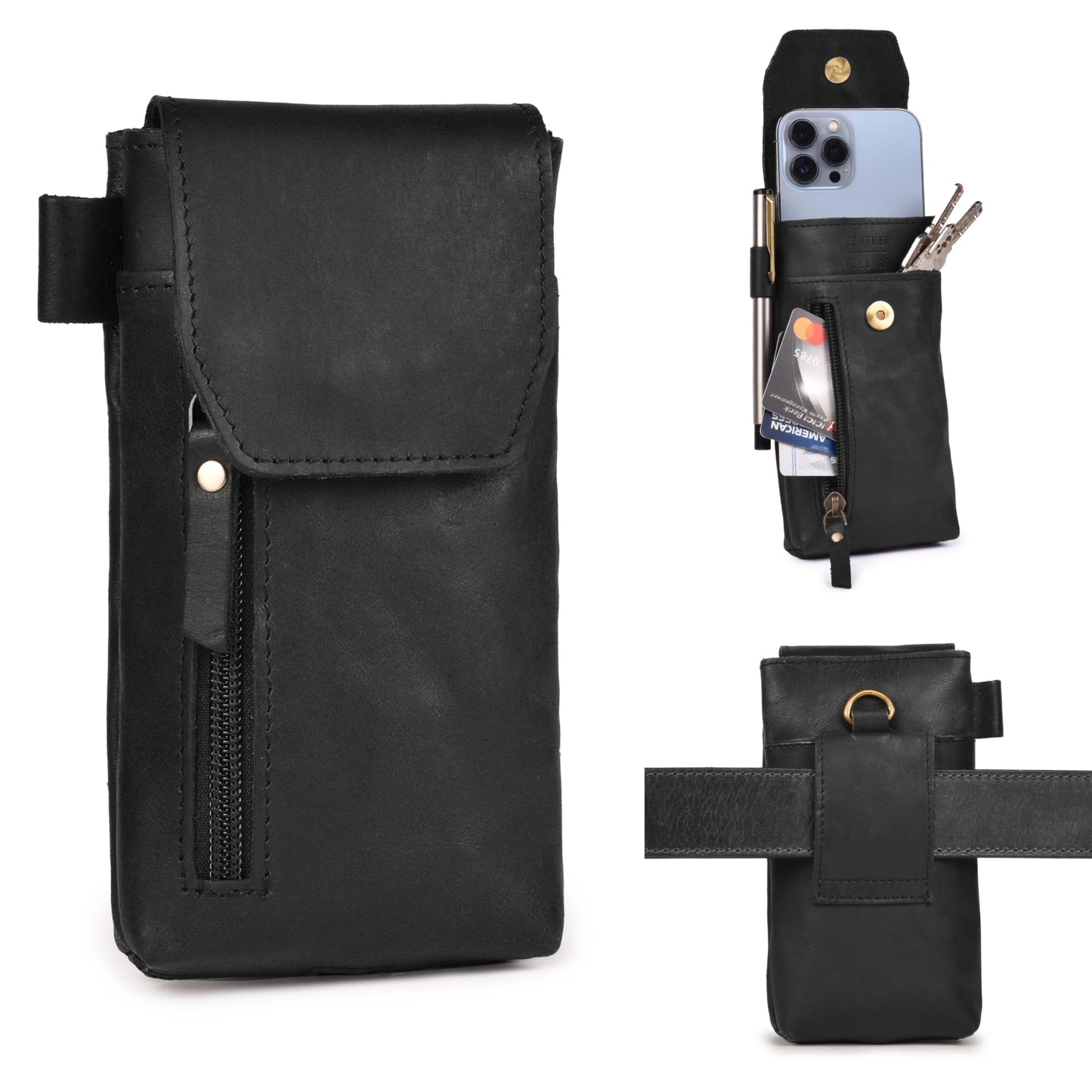 Leather Village Genuine Leather 7”x3.5” Phone Holster Pouch with Belt Clip, Magnetic Closure, ID Card Holder - Black Universal Case for iPhone, Samsung Galaxy, Google Pixel