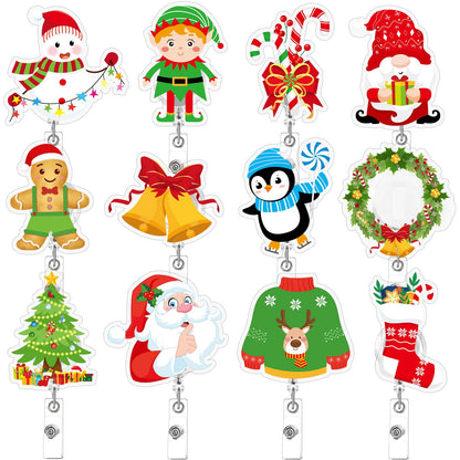 Jansun Christmas Badge Reel 12 Pcs Nurse Badge Reel Name Badge Clips Retractable Christmas Badge Holder Acrylic Santa Snowman Garland Gingerbread Man for Nurses Students (12 Styles) ﻿