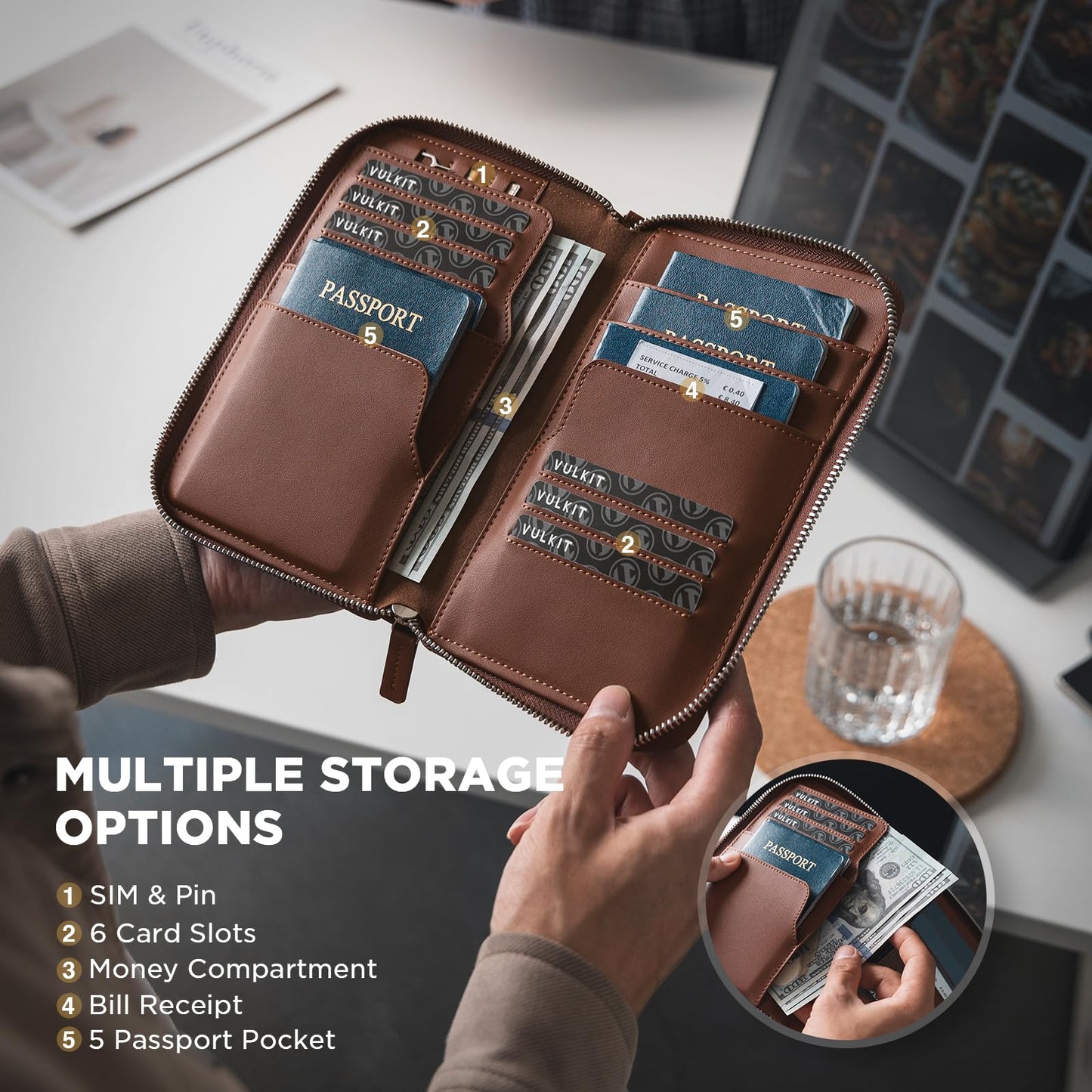 VULKIT Family Passport Holder for 4 Passports - RFID Blocking Travel Wallet Holds Up to 5, Organizer with 4 Slots for Cards & SIM, Secure Zipper Closure, Family Travel Essentials (Espresso)