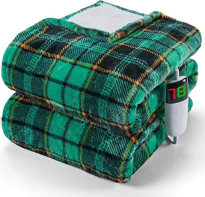 Green Heated Blanket Electric Twin Size 62X84, Christmas Heating Blanket, Plaid Sherpa Winter Blankets Warmer, 10 Heating Levels & 8-Hour Auto Off, Fast Heated House Warming Gifts New Home Decor
