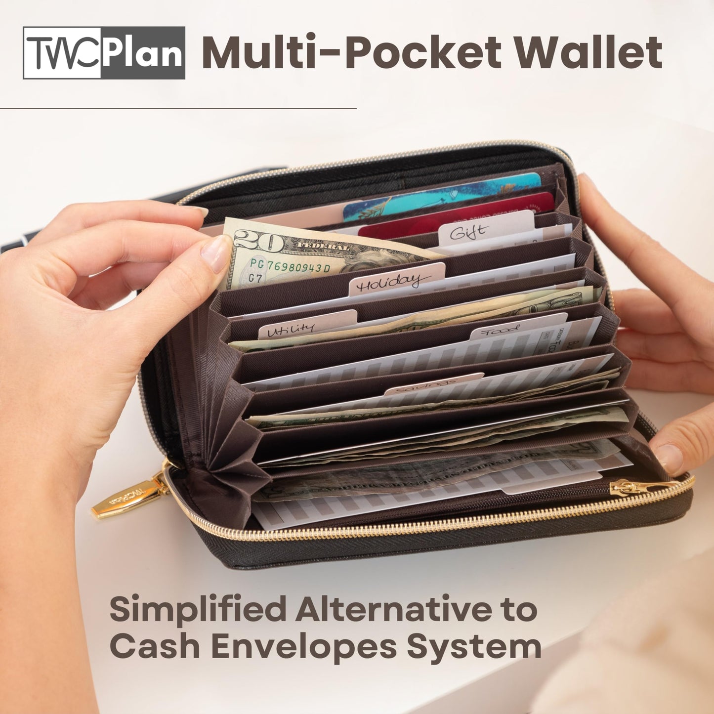 Simplified Cash Envelopes System Budgeting Wallet-NO Envelope & Budget Binder Needed, Multi-pocket Cash Stuffing Wallet, Money Organizer, Expense Tracker Sheets Card Holder, Leather Wallets For Women