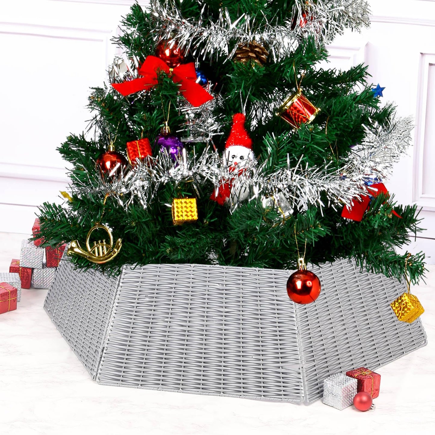 Vencer 34.2''Christmas Tree Collar,Plastic Rattan Xmas Tree Skirt,Rustic Decorations,Tree Skirt Base for Christmas Tree Decorations,Grey,CTS-G010