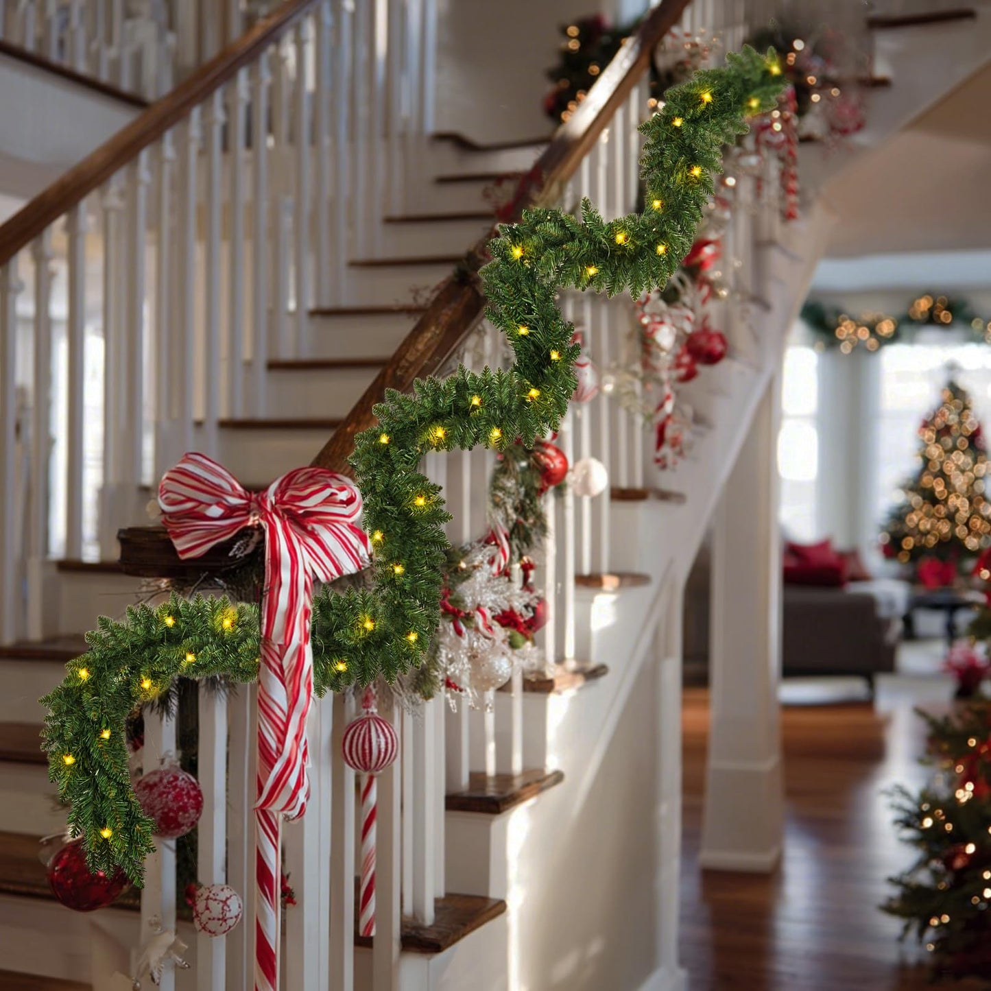 9ft Pre-lit Christmas Garland with 50 LED, 8 Lighting Modes Battery Powered & 6H Auto Timer, Waterproof 240 Branch Tips Prelit Garlands with Warm White Lights for Indoor Outdoor Holiday Decorations