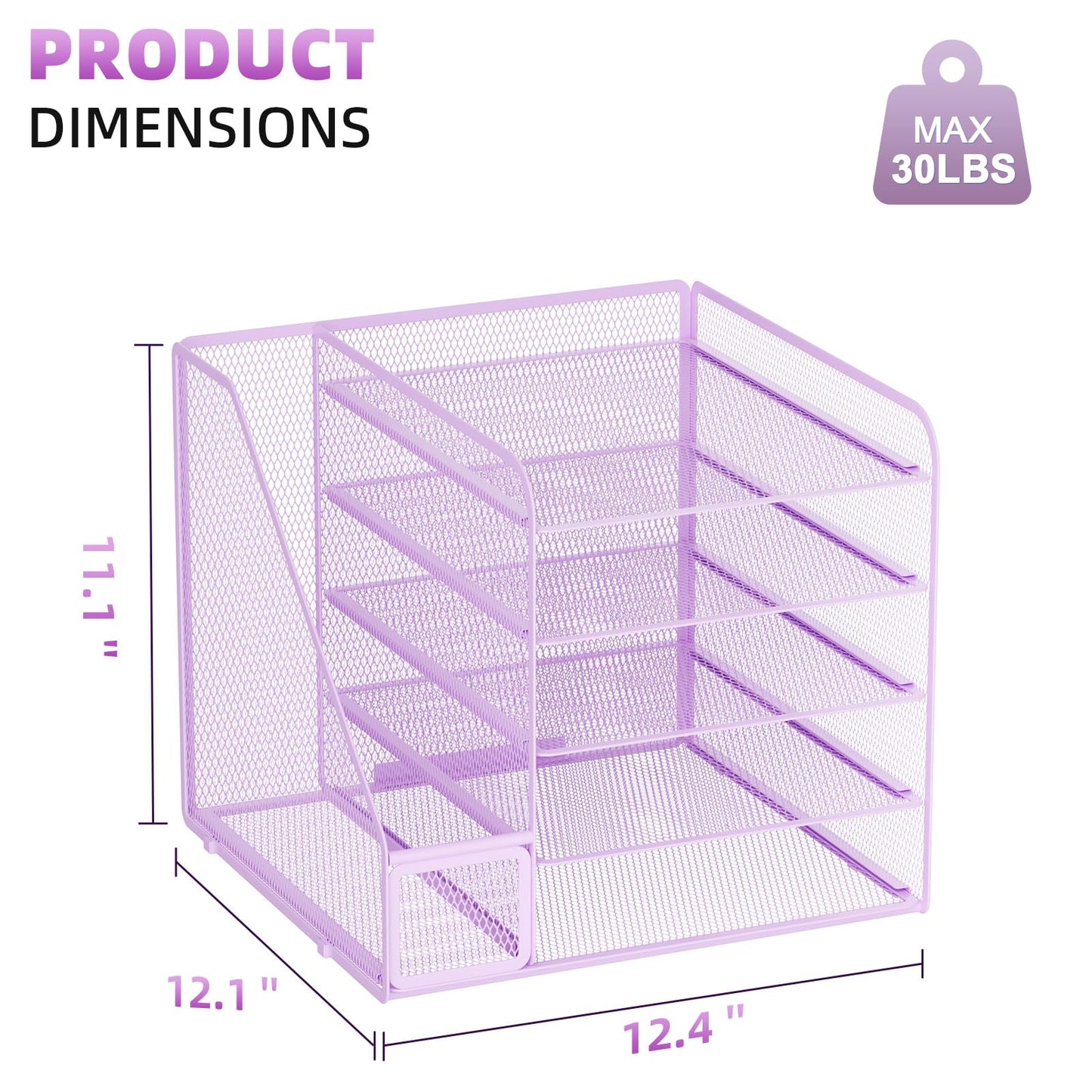 Marbrasse Desk Organizers and Accessories, 5-Tier Paper Letter Tray Organizer with File Holder, Mesh File Organizer, Office Desk Accessories & Organization for Supplies (Purple)