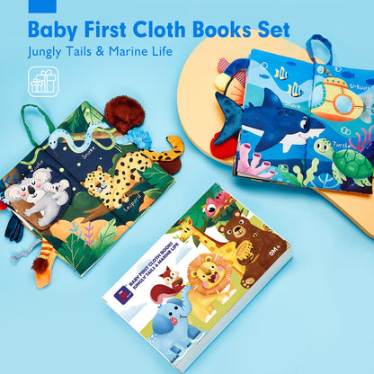 hahaland Baby Toys 0-6 Months - Crinkle Books for Babies 2PCS, Cloth Texture Tails Sensory Book 6-12 Months - Soft, Tummy Time, Montessori Toys 3 4 5 Month Newborn Twin Boys Gifts Travel Infant Toy