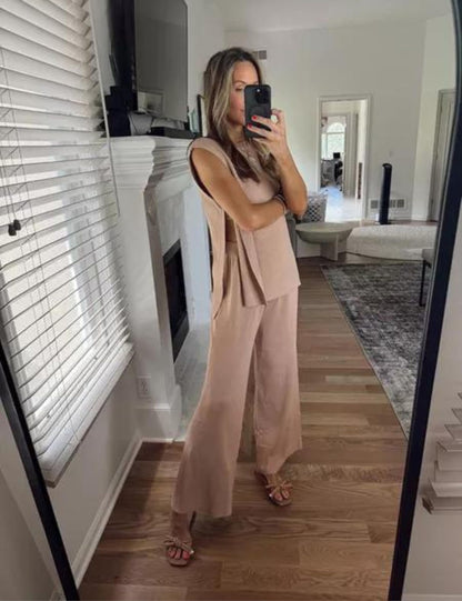 Lviefent Womens 2 Piece Outfits Sweater Set Sleeveless Side Slit Pullover Top Knit Wide Leg Pants Lounge Matching Sets (Khaki-M)
