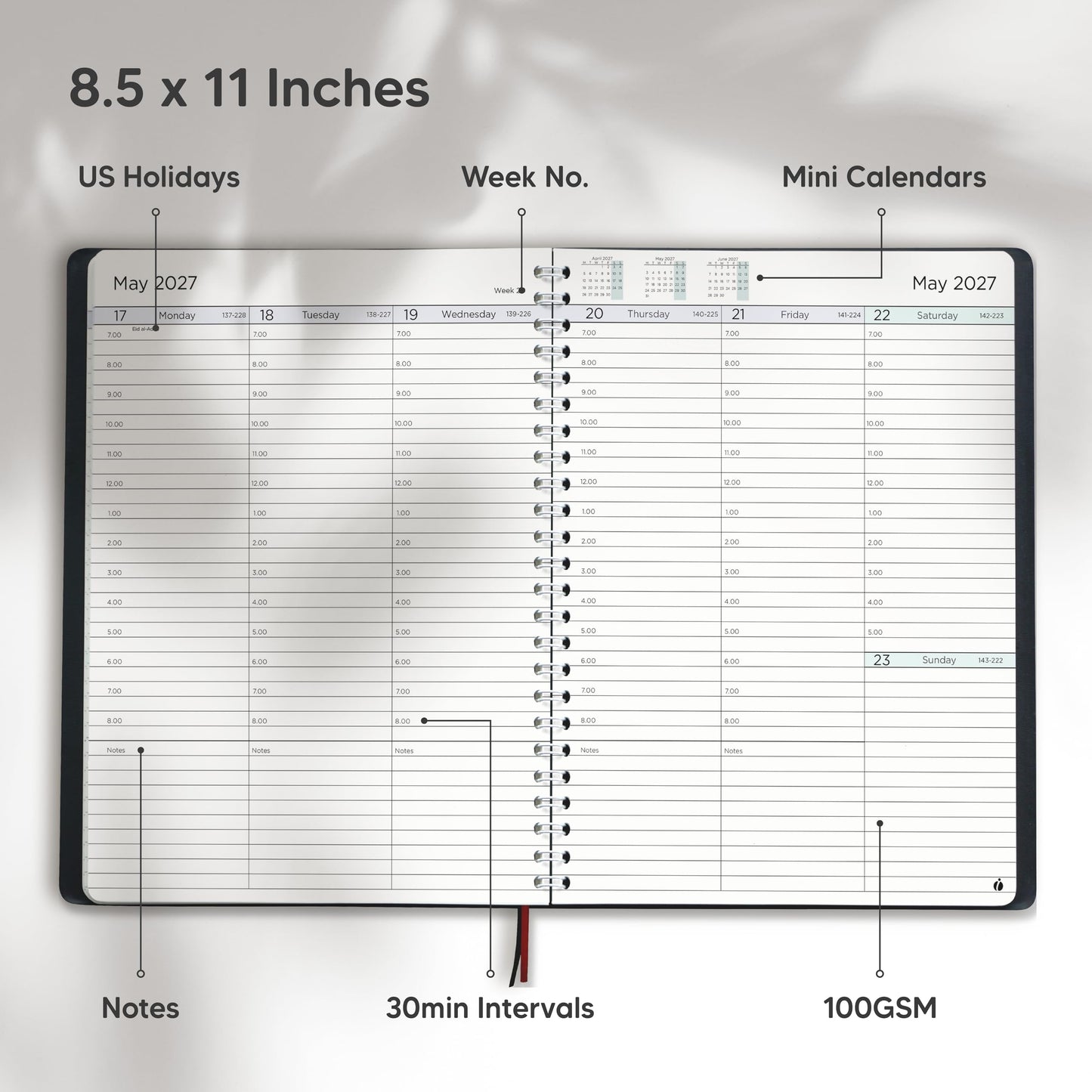 Academic Planner 2026-2027 - Hourly 2026-2027 Planner Weekly and Monthly - Appointment Book with Flexible Cover, Twin-Wire Binding - Simple Design for Productivity, June 2026 - July 2027. 8.5 x 11