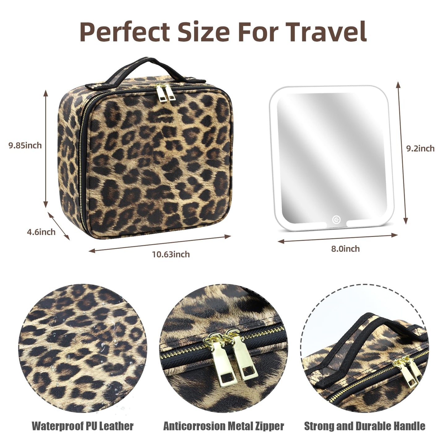 Makeup Bag with Magnetic Detachable Lighted Mirror, Travel Makeup Bag with Mirror 360° Angle, PU Leather Makeup Organizer Bag with Mirror and Lights, Portable Cosmetic Case Accessories Train Case Gift