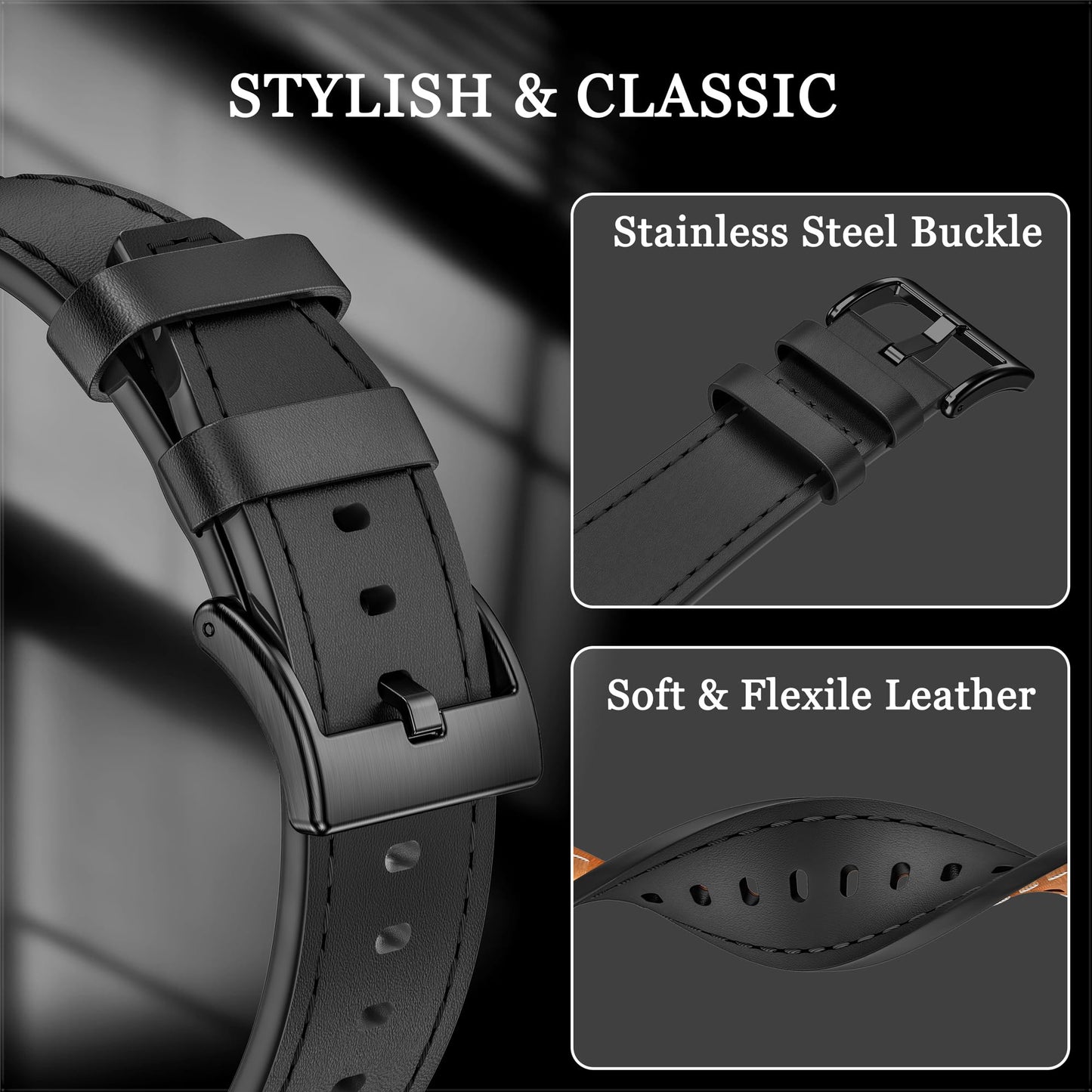 HASLFM Stainless Steel Case and Leather Band Compatible with Apple Watch 45mm for Men,Genuine Leather Apple Watch Strap and Metal Cover for iWatch Series 9 8 7,Black