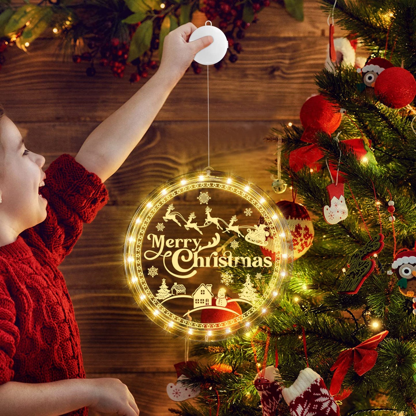 Tiamon Merry Christmas Window Light Decorations Xmas LED Decorative Window Battery Operated 3D Acrylic Hanging Light with Suction Cup Hooks for Holiday Party Windows Wall Bedroom Decor, Warm White