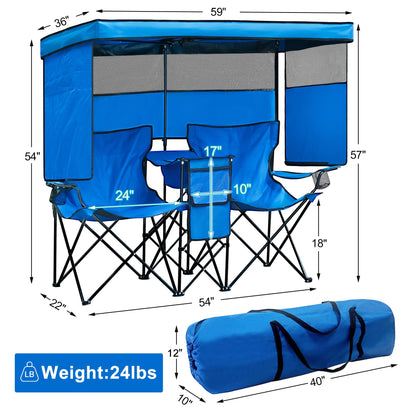 WTVIDAS Double Beach Chair with Canopy Shade Heavy Duty Camping Chairs with Cup Holder Folding Loveseat for Outside Lawn