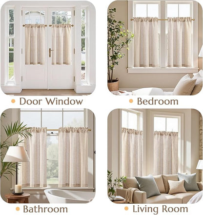 jinchan Striped Linen Kitchen Curtains 36 Inches Length Tier Curtains Farmhouse Modern Cafe Style Small Window Treatments Airy Light Filtering Rod Pocket for Living Room Bathroom 2 Panels Tan