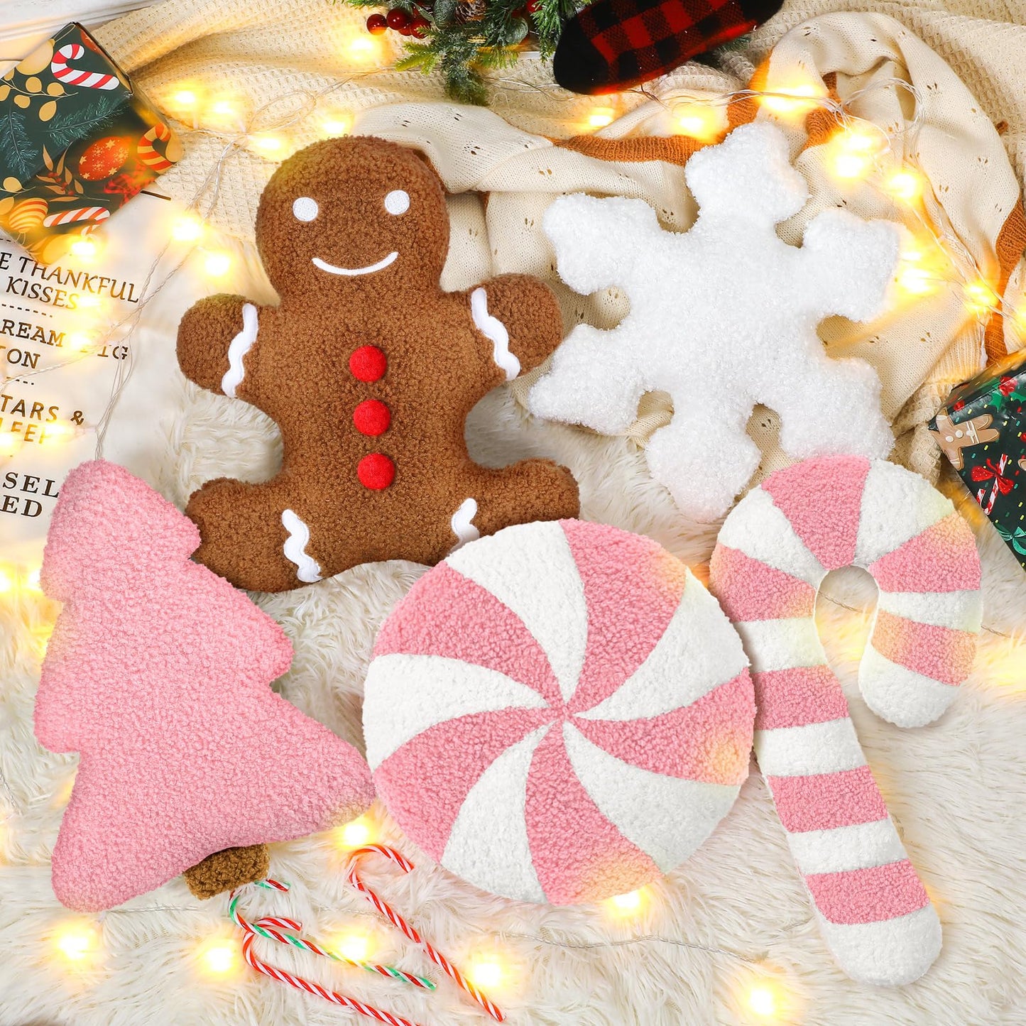 Memorywuu 5 Pcs Pastel Pink Christmas Throw Pillows Stuffed Plush Xmas Tree Gingerbread Man Snowflake Pillow Stripe Candy Cane Peppermint Shape Cushion for Home Sofa Bed Couch Living Room
