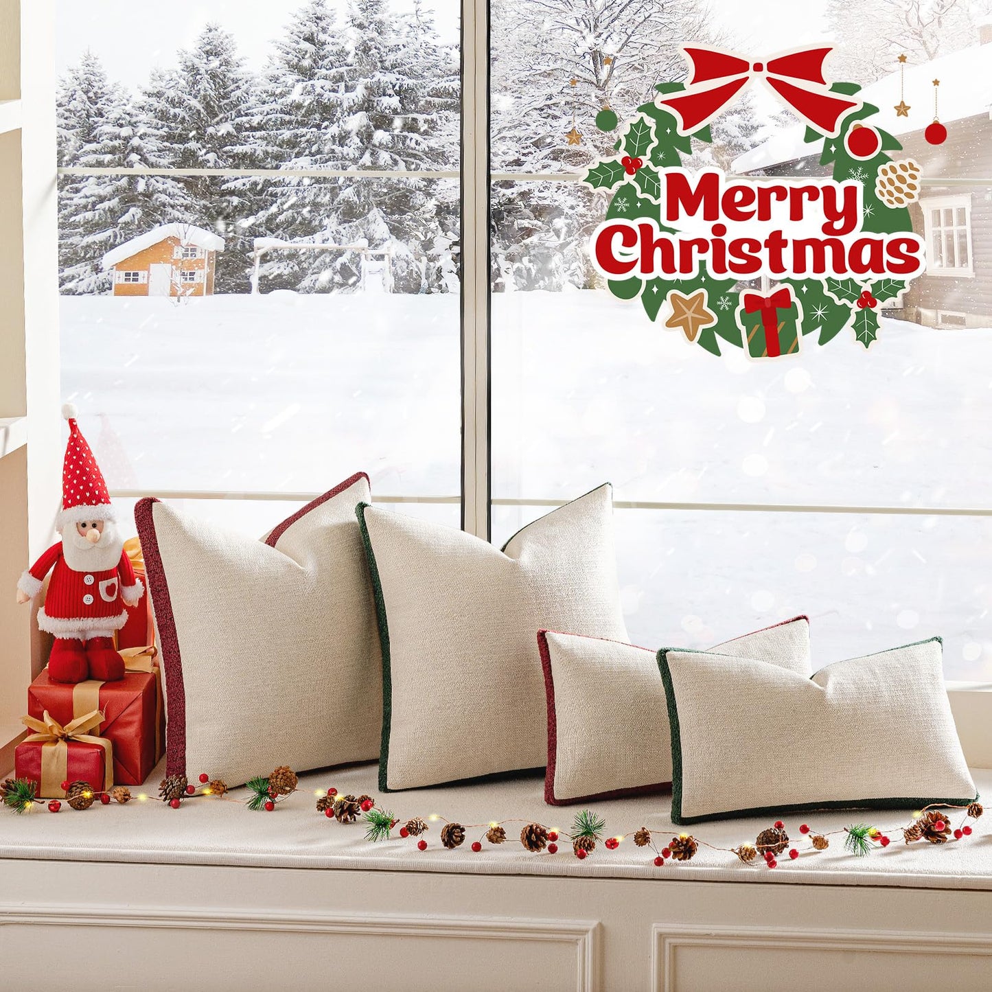 a moment Christmas Red Loop Yarn Linen-Like Pillow Cover Natural Soft Decorative Throw Pillow Case Farmhouse 18x18 Inch, Bohemian Textured Cushion Cover for Sofa Bed, Wrinkle-Resistant Home Decor