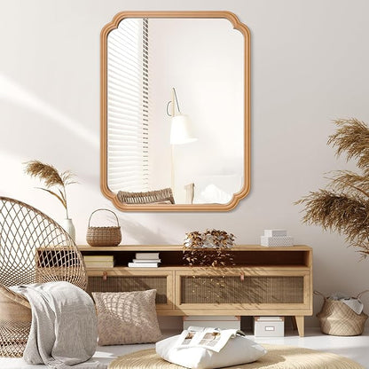 Wood Bathroom Mirror for Over Sink, 30" x 40" Modern Rounded Corner Rectangle Wall Mirror for Bathroom Vanity Decorative with Rustic Wooden Framed (Horizontal/Vertical)
