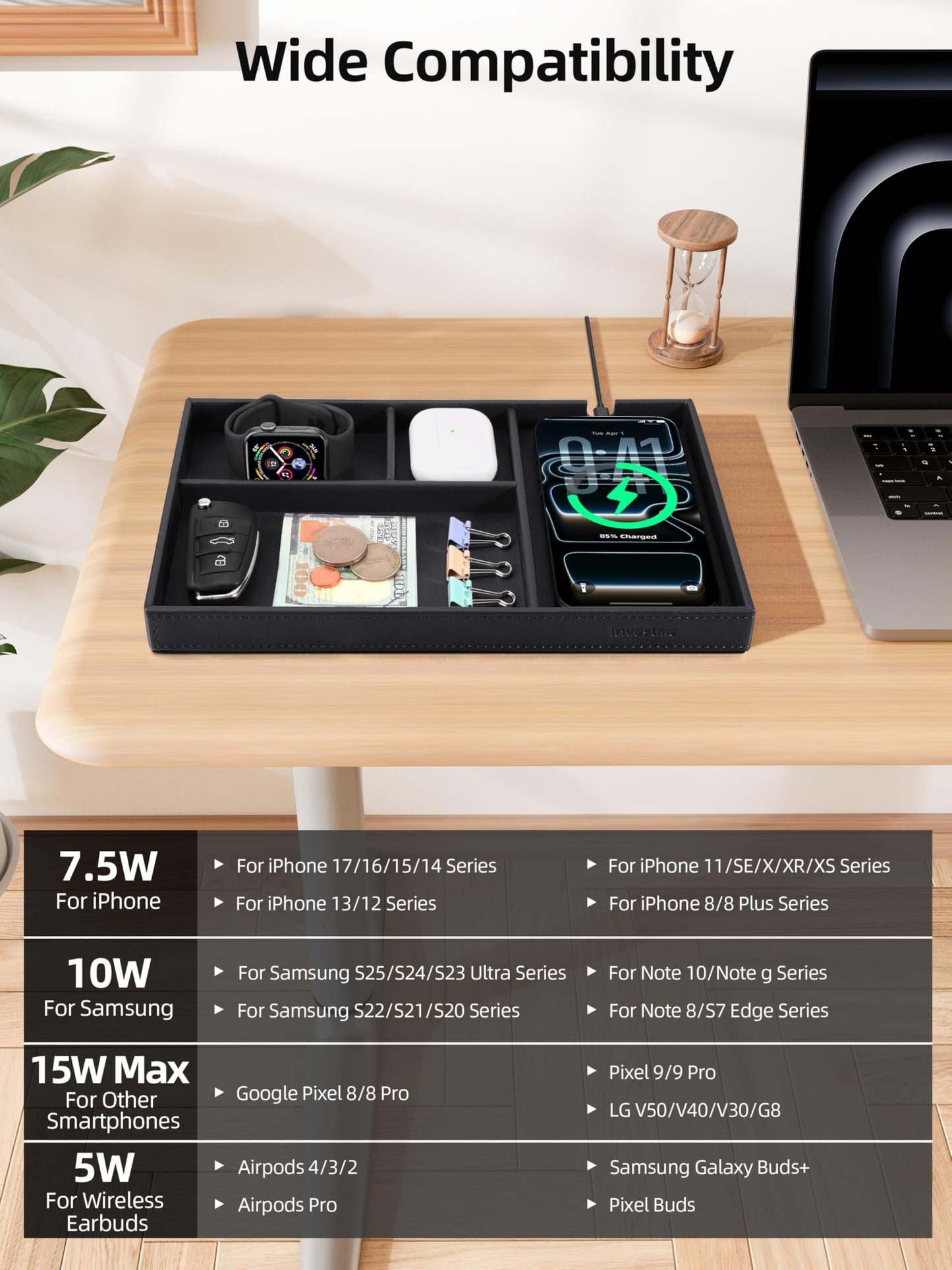 Valet Tray, Built-in Wireless Chargers, PU Leather Nightstand Organizer, Desk Bedside Caddy Organizer Tray for Men Women, EDC Catchall Trays for Keys, Watch, Phone, Jewelry, Black