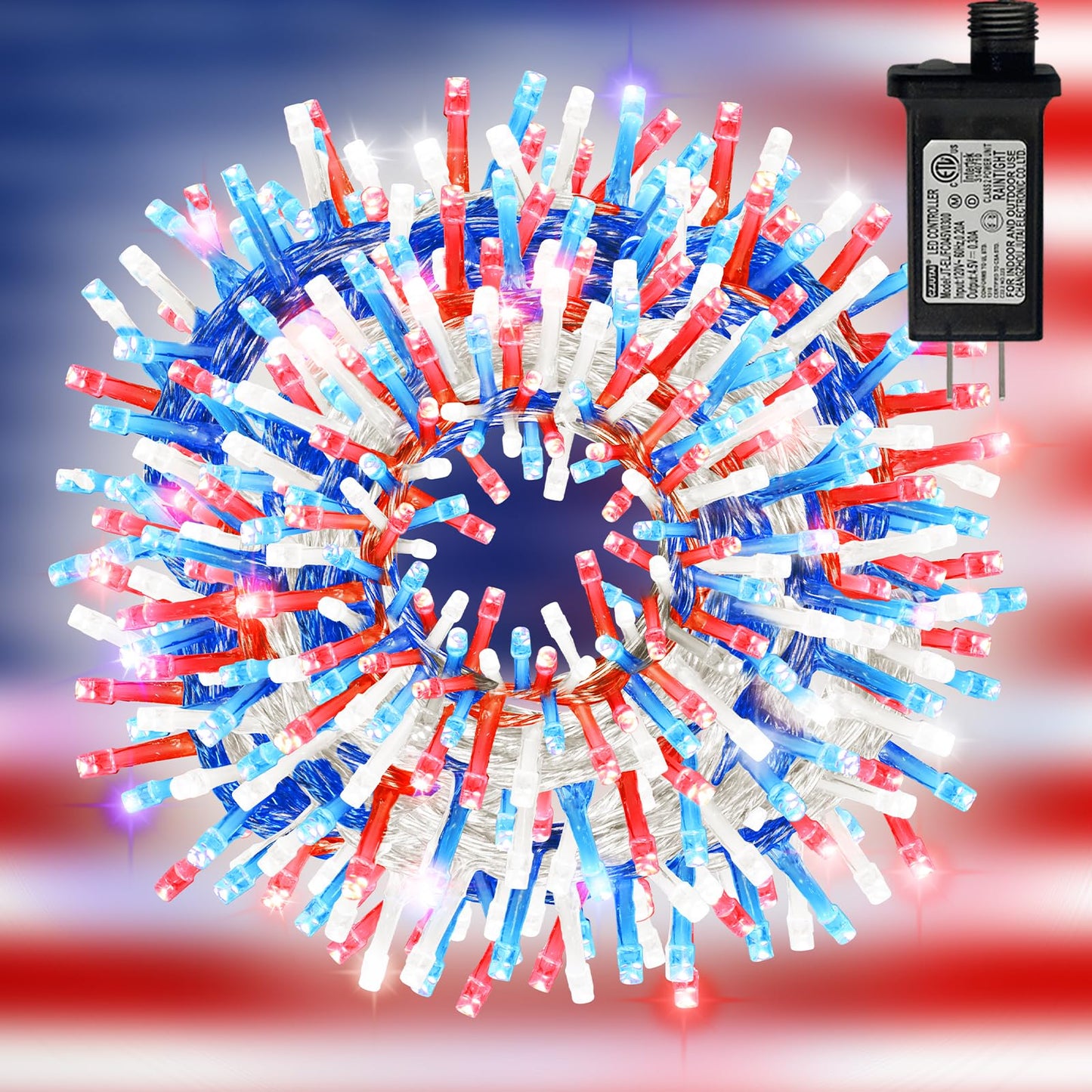 TWINGLEHOME 99ft (30 m) 300 LED String Lights with Clear Wire, 4" Spacing, Multifunctional Lighting Modes (Red, Cool White, Blue), Plug-in for Indoor Holiday, Nation Day