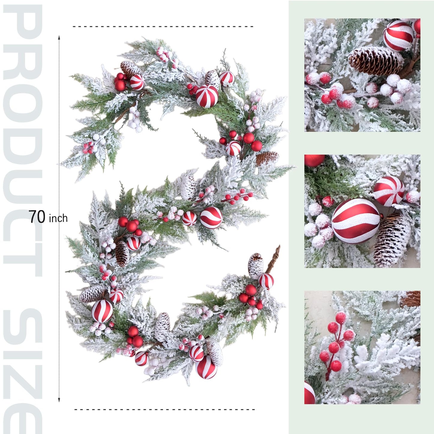 Egolot 70 Inch Christmas Candy Cane Garland for Front Door, Winter Red White Xmas Holiday Garland for Indoor Outdoor, Christmas Frosted Garland with Berries and Pine Cones