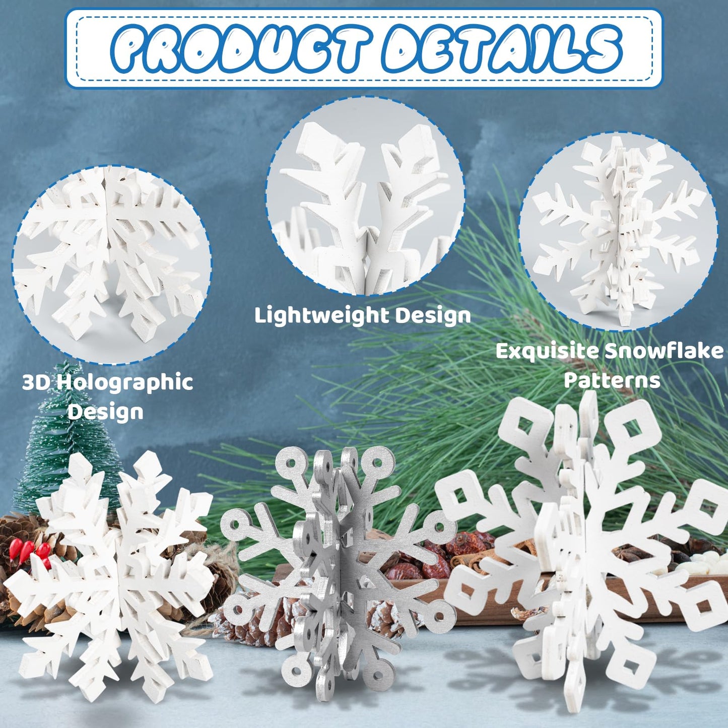OuMuaMua 12 Set Winter Christmas Centerpiece Table Decorations - 24pcs Wooden Snowflakes Decor 3D Silver White Snowflake Tabletop Decor for Xmas Holiday Tiered Tray Winter Farmhouse Home Decor