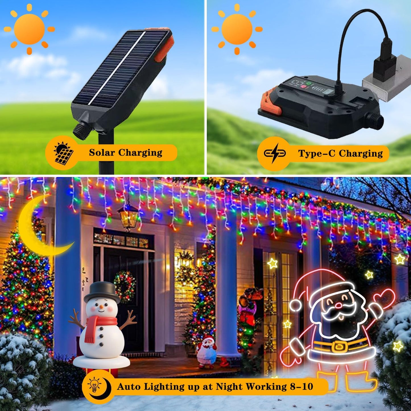 Aolupal Upgraded 640LED Solar Christmas Icicle Lights Outdoor Waterproof,60+16FT 13 Modes & USB Rechargeable Solar Powered Icicle Light for Roof House Yard Christmas Outdoor Decoration