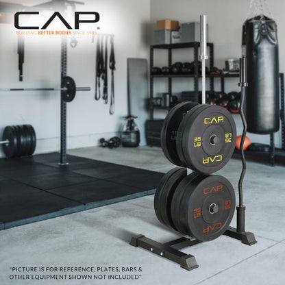 CAP Barbell Olympic Bumper Plate Tree Rack with 4 Weight Plate Posts and 2 Barbell Storage Holders – Heavy-Duty Steel Gym Organizer for Olympic Plates and Bars - Black