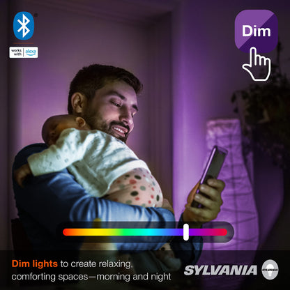SYLVANIA Bluetooth Mesh LED Smart Light Bulb, One Touch Set Up, A19 60W Equivalent, E26, RGBW Full Color & Adjustable White, Works with Alexa Only - 2 Count (Pack of 1) (75760)