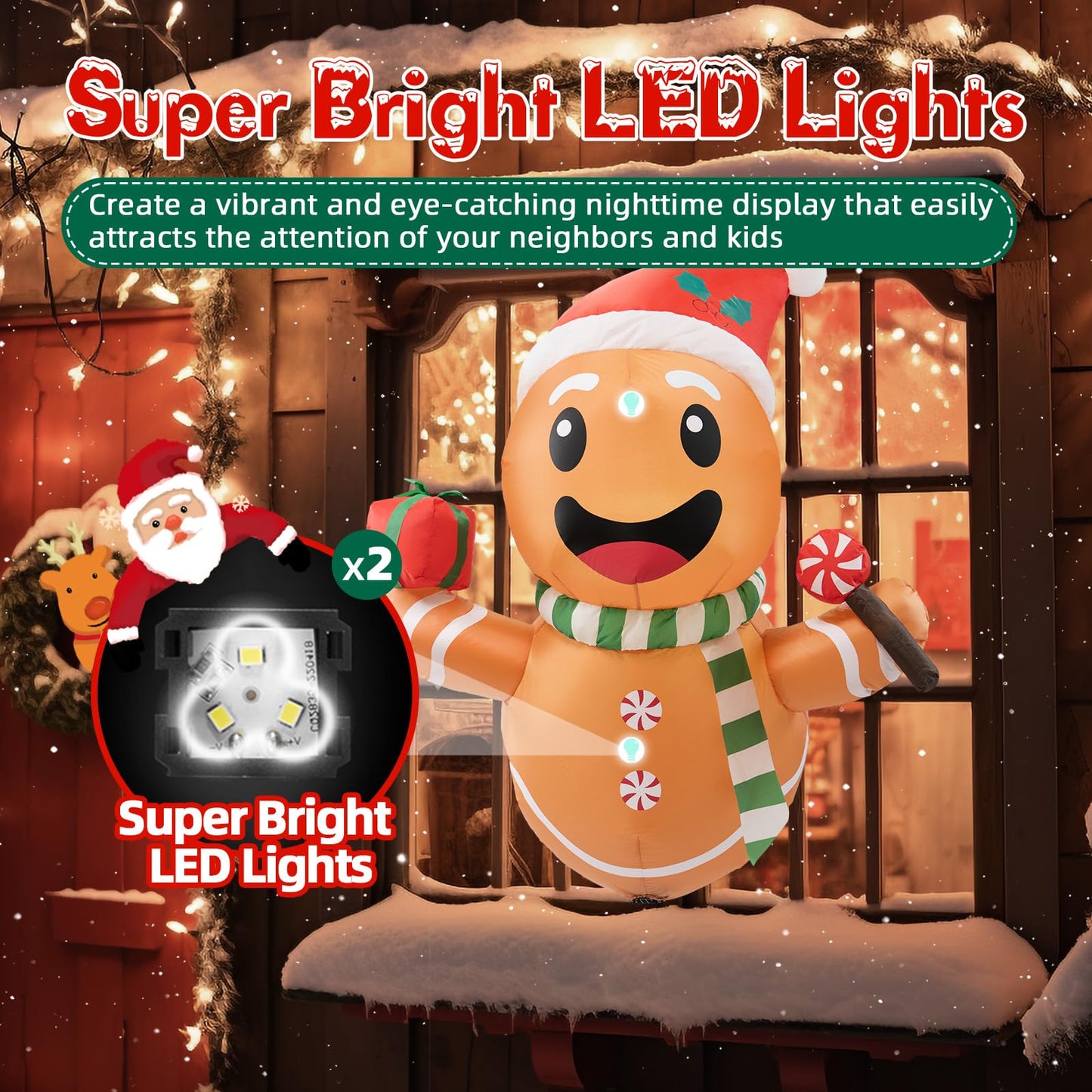B&D 4FT Christmas Inflatables Gingerbread Man Lean Out from Window Outdoor Decorations, Christmas Window Inflatable Gingerbread Blow Up Yard Decorations Built-in LED Lights for Indoor Lawn Yard Garden