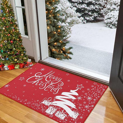 CAROMIO Christmas Doormat Xmas Holiday Decorative Christmas Tree Snowflake and Gift Pattern Welcome Mat for Home Decoration Non Slip Door Mat, Red, 17x29 Inch