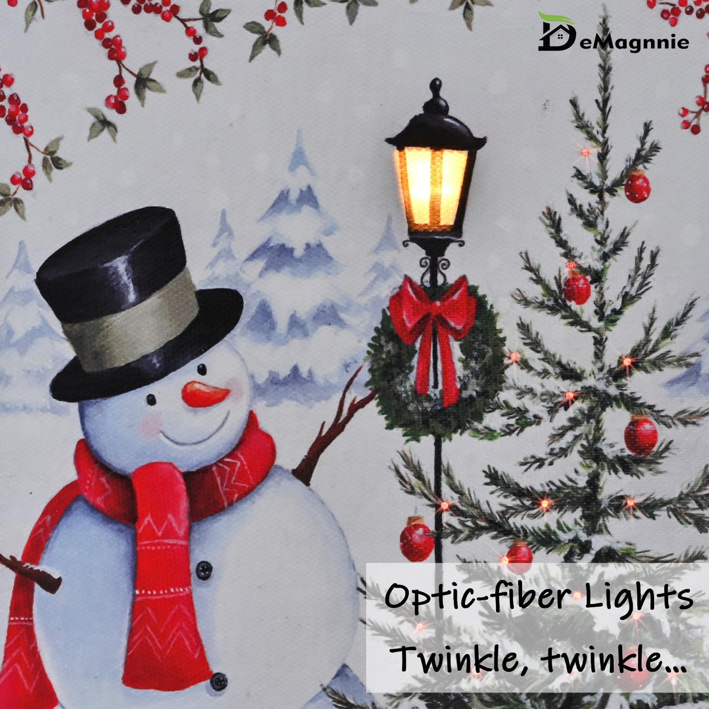 DEMAGNNIE Light Up Canvas Prints w/Timer - 8"x6" Snowman Decor w/Lamp Post LED Christmas Pictures w/Fiber Optic Lights Run by Batteries - Mini Wall Art Painting Print Standing Framed for Tabletop
