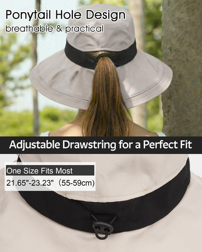 Senker Fashion Sun Hats for Women UV Protection, Waterproof Ponytail Wide Brim Bucket Hat for Summer Beach Gardening Travel Beige