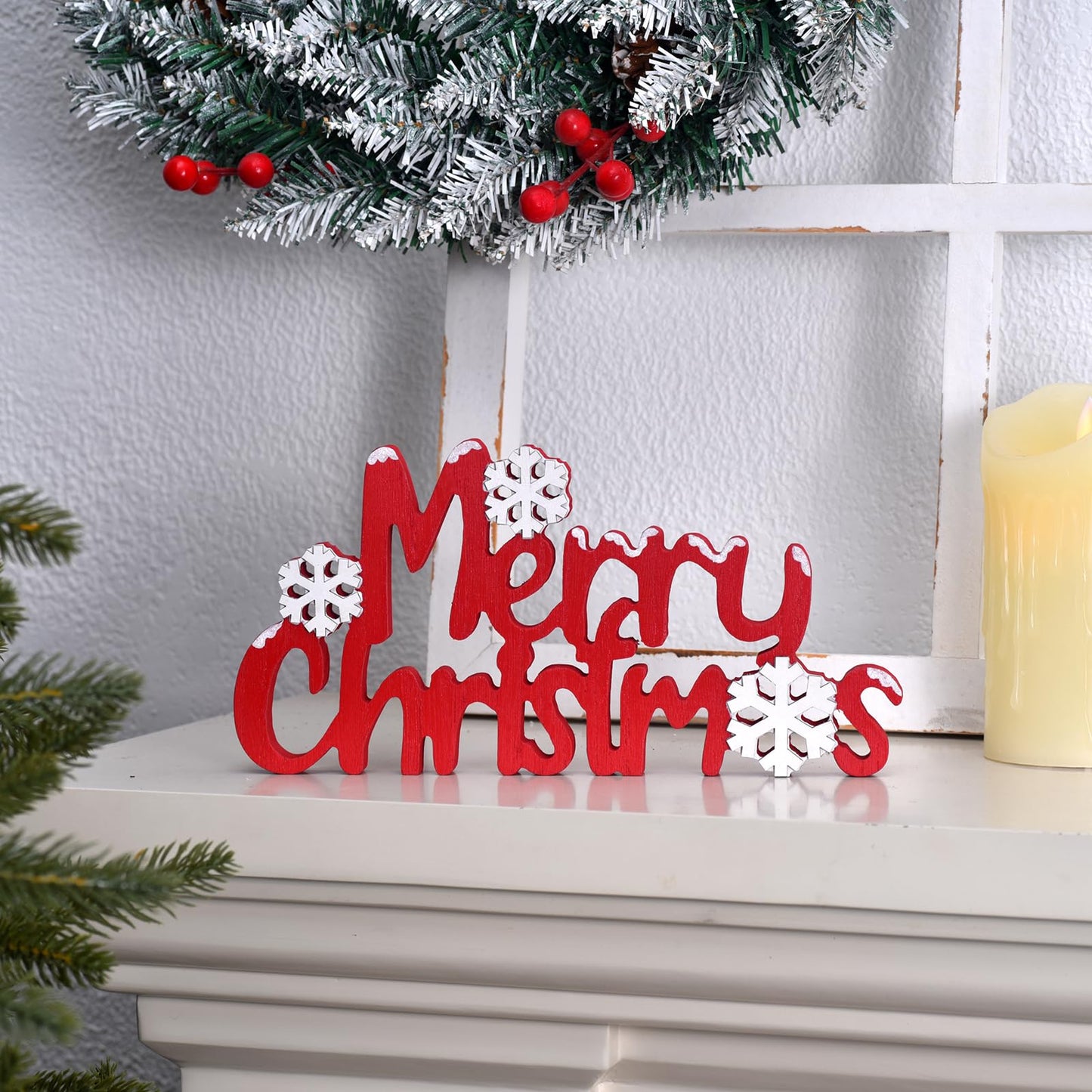 Merry Christmas Sign Wooden Tabletop Decoration, Freestanding Christmas Shelf Decor with 3D Snowflake, Red and White Xmas Decorations for Home, Mantle, Tiered Tray (Red)