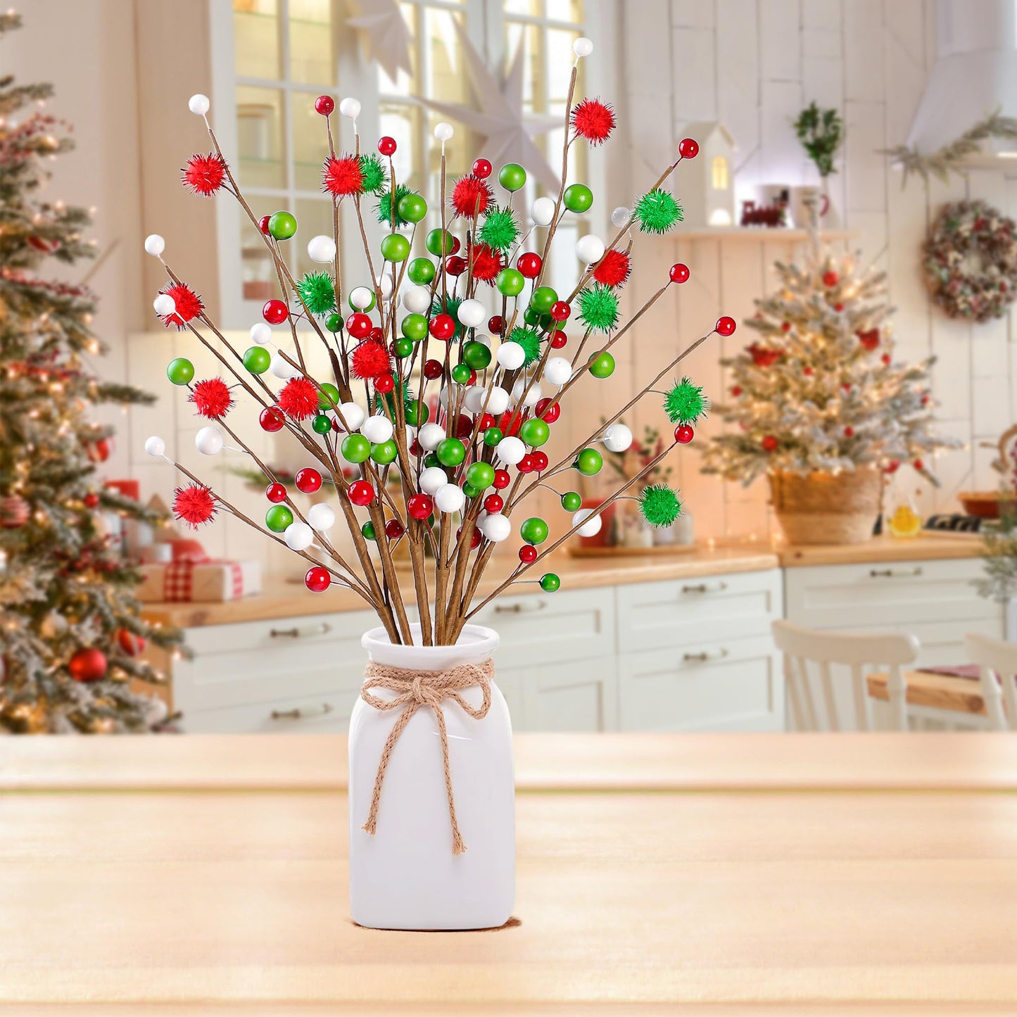 Sggvecsy 6Pcs Artificial Berry Stems 16inch Christmas Tree Picks Red Green White Berry Picks Fake Christmas Berry Branches for Floral Arrangements Christmas Tree Holiday Home Xmas DIY Crafts Decor