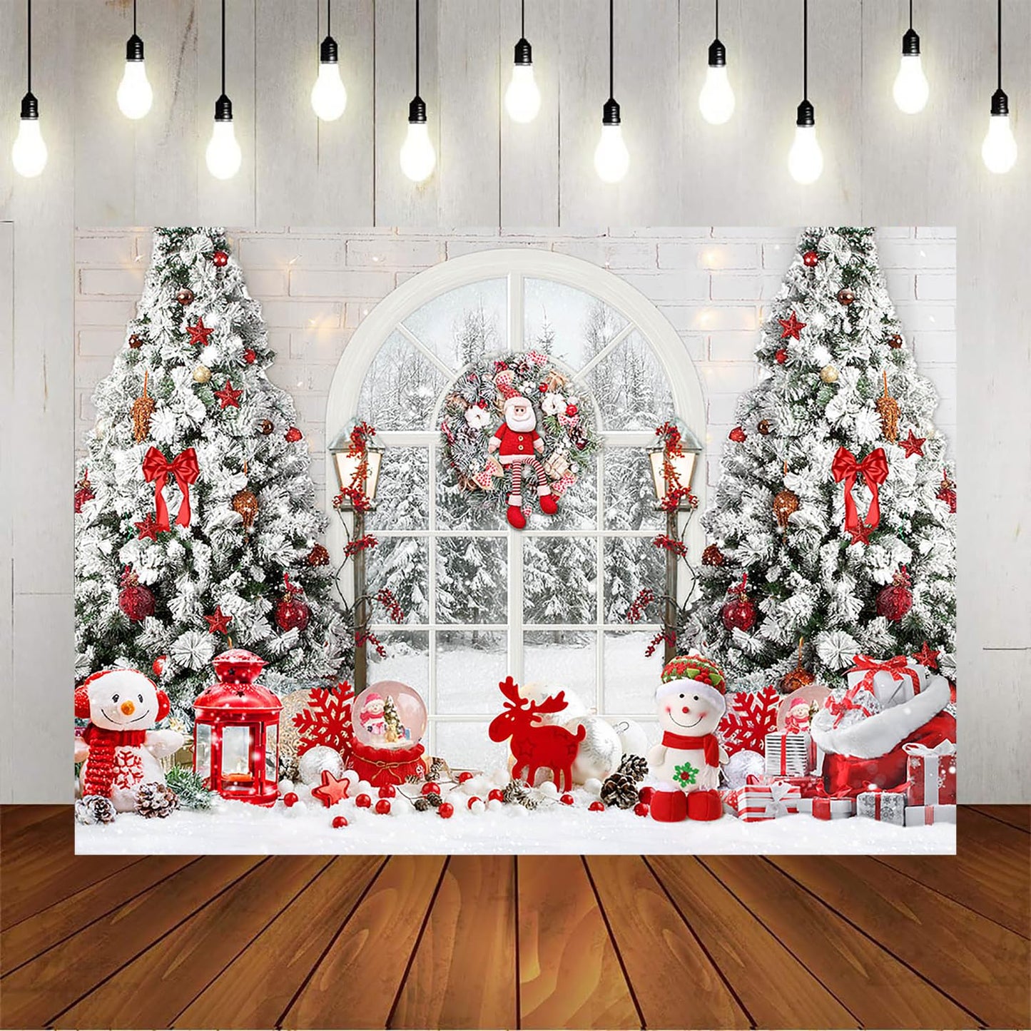 Mocsicka Christmas Window Backdrop Snow World Santa Claus Snowman Photography Background Christmas Tree New Years Kids Family Party Decoration Props Portrait Photo Studio Props (10x7ft)