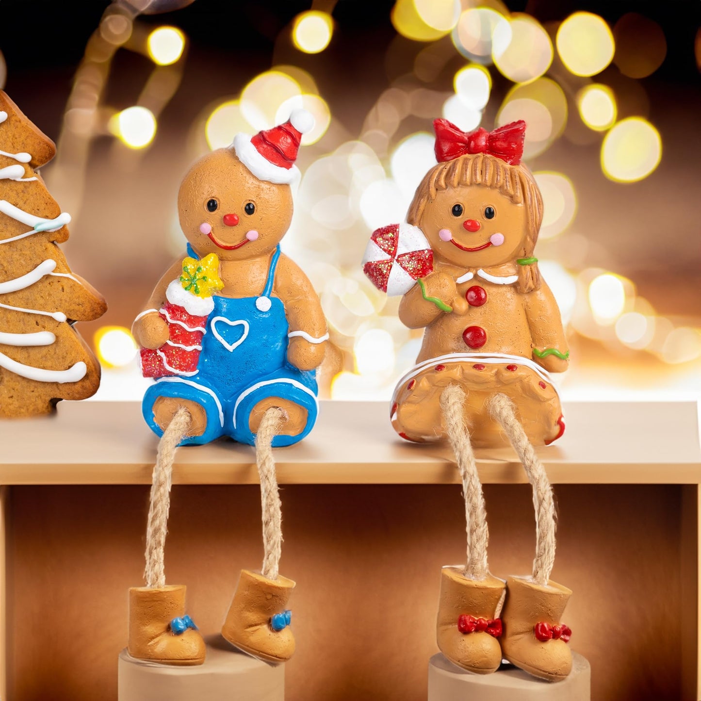 Dazzle Bright Christmas Figurines, Set of 2 Resin Gingerbread Man Sitters with Dangling Legs, Xmas Table Fireplace Shelf Sitters Decorations Sitting Figurines Ornament for Indoor Home Decor