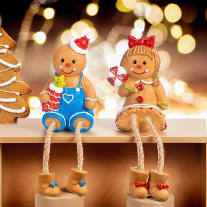 Dazzle Bright Christmas Figurines, Set of 2 Resin Gingerbread Man Sitters with Dangling Legs, Xmas Table Fireplace Shelf Sitters Decorations Sitting Figurines Ornament for Indoor Home Decor