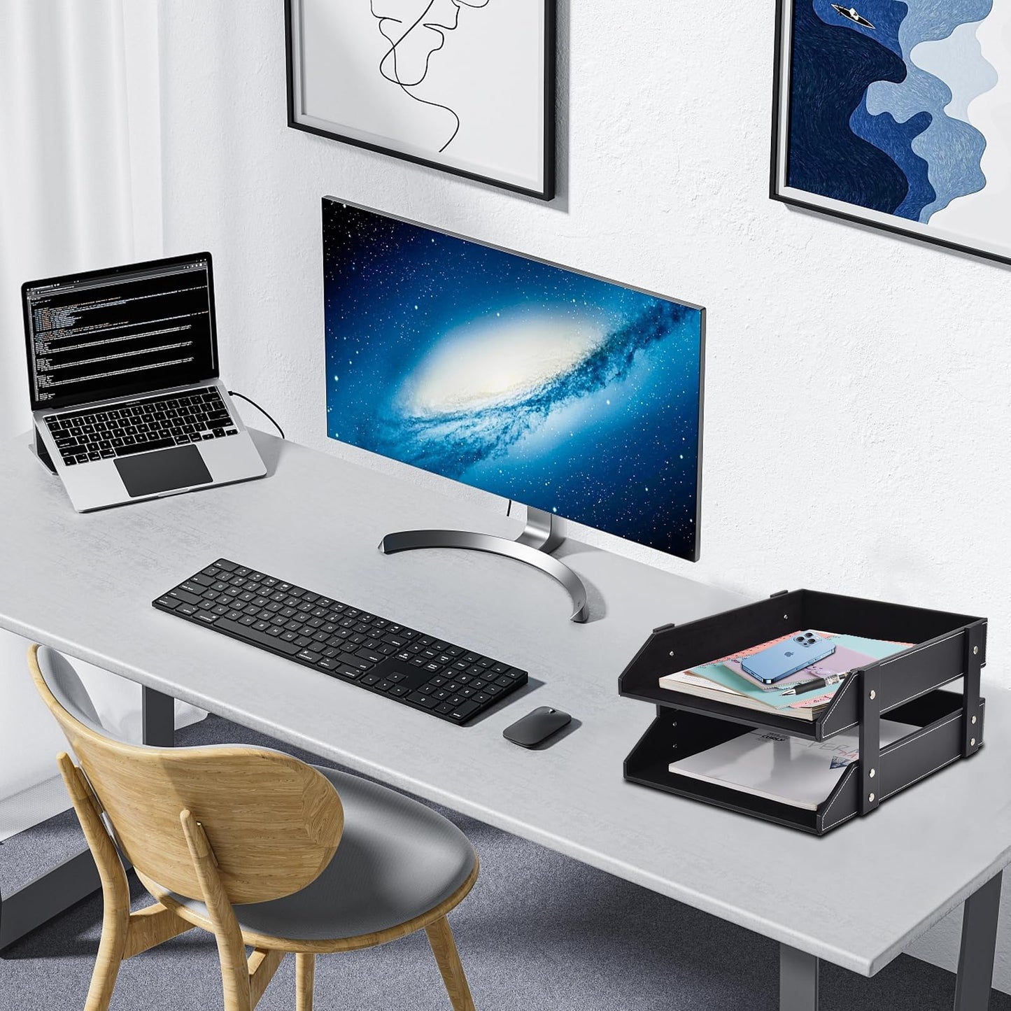 XNONE Leather Desk Organizer,2-Tier Stackable Letter Tray Holder,Office Supplies Desktop Storage Box for Document,Stationery,Magazines,Newspapers,Letters and Other Home Office Paper Sundries,Black
