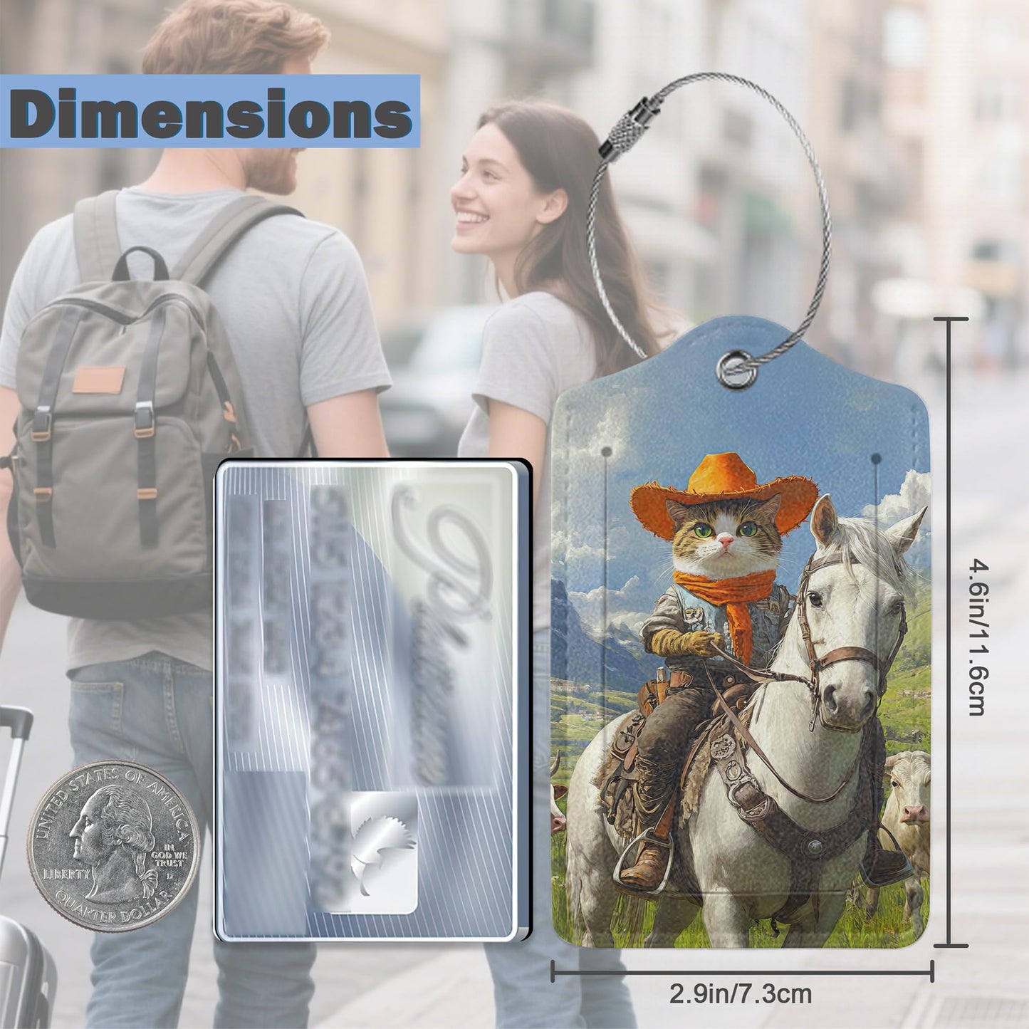 3 Pack Luggage Tag for Suitcase Leather Travel Cruise Luggage Tag with Stainless Steel Loop Name ID Label Privacy Cover for Adults Teens Travel Bag Labels Set (Cowboy Cat)