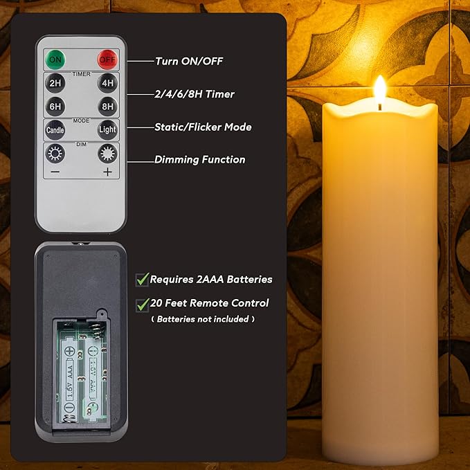 2pack 4"*12" Large Waterproof LED Battary Operated Candles with Remote, Flickering Pillar Electric Flameless Candles for Christmas, Outdoor Larterns,Ivory
