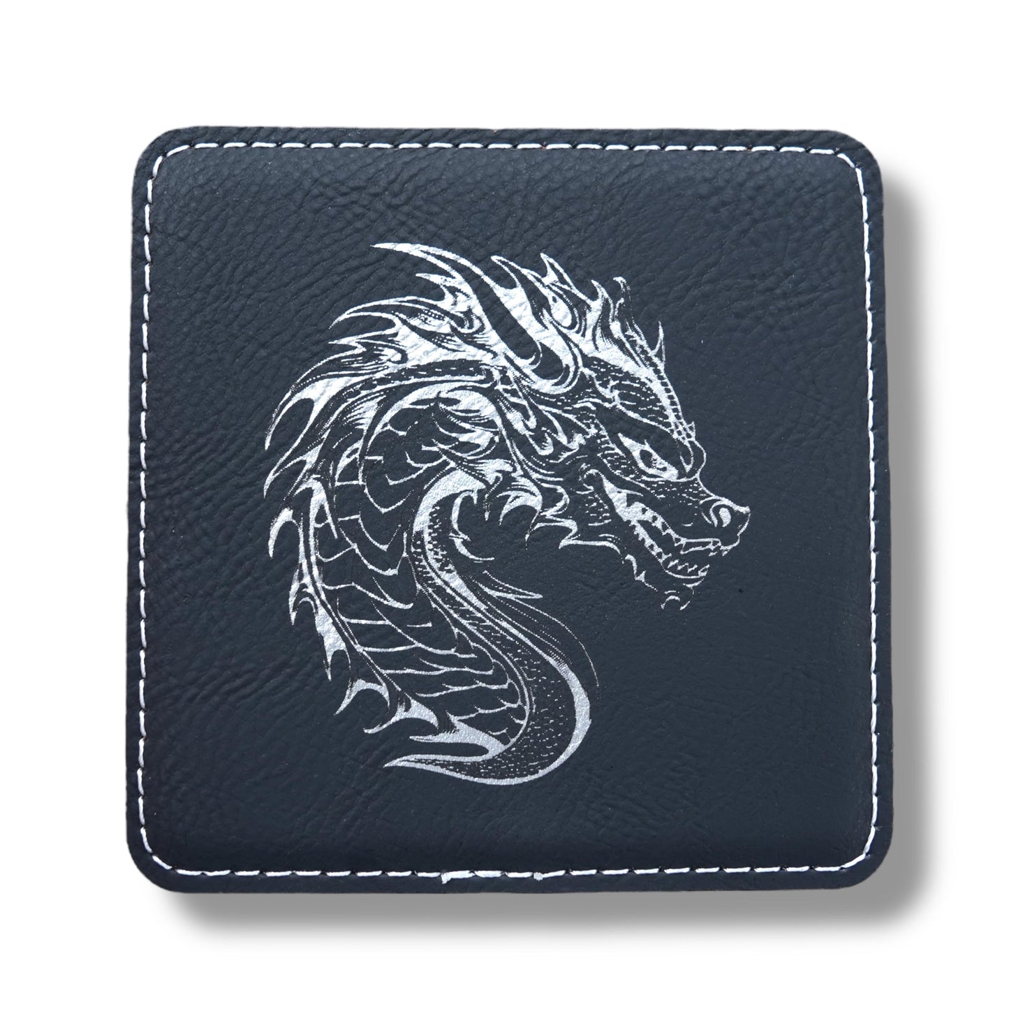 Coaster - Dragon - SET OF 2 - Leather or Stitched Cork (Black/Silver)
