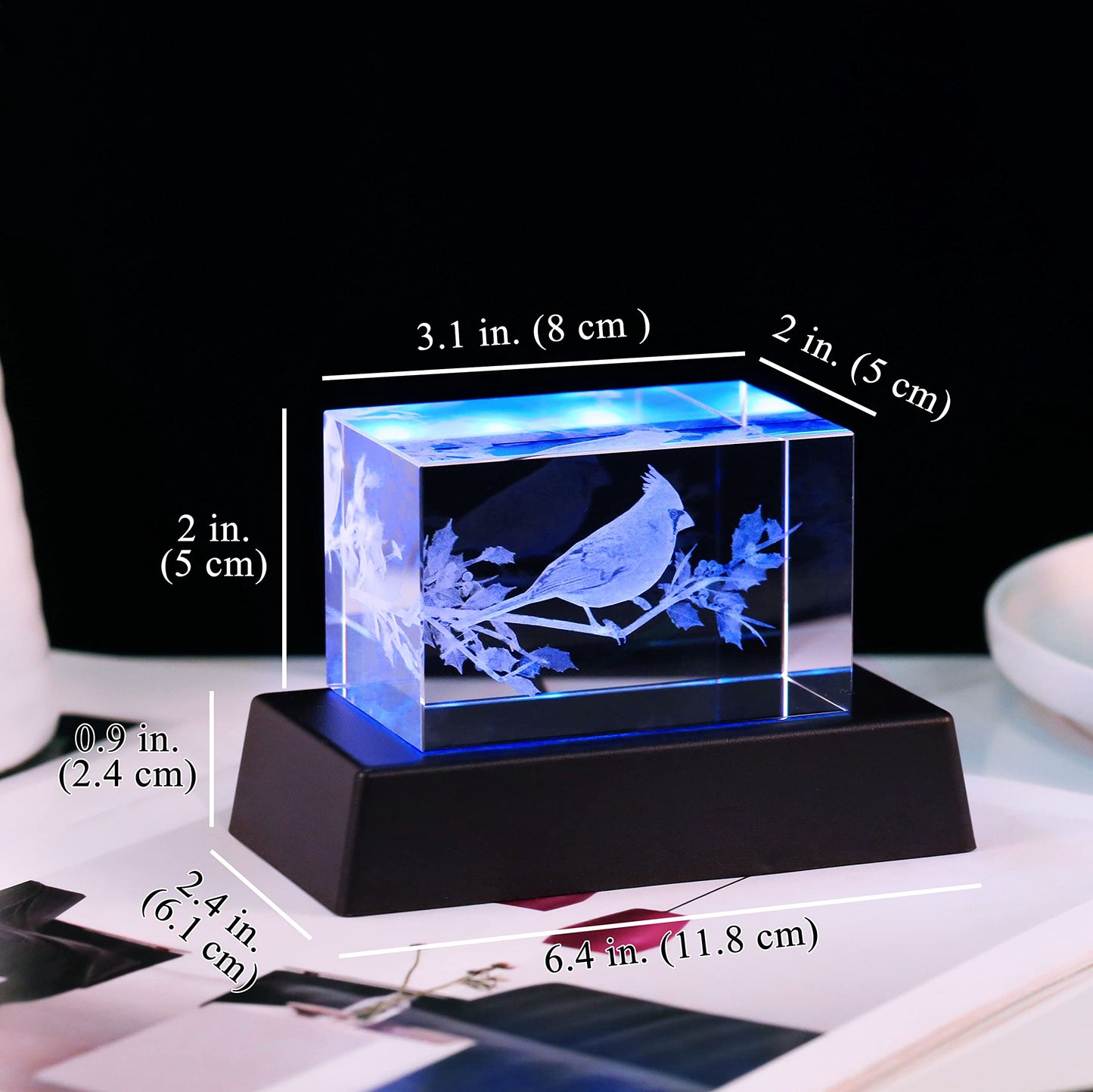 YWHL Crystal Cardinal Gifts for Women Man: 3D Laser Engraved Red Cardinal Figurine Decor, Night Light, Christmas Sympathy Gifts