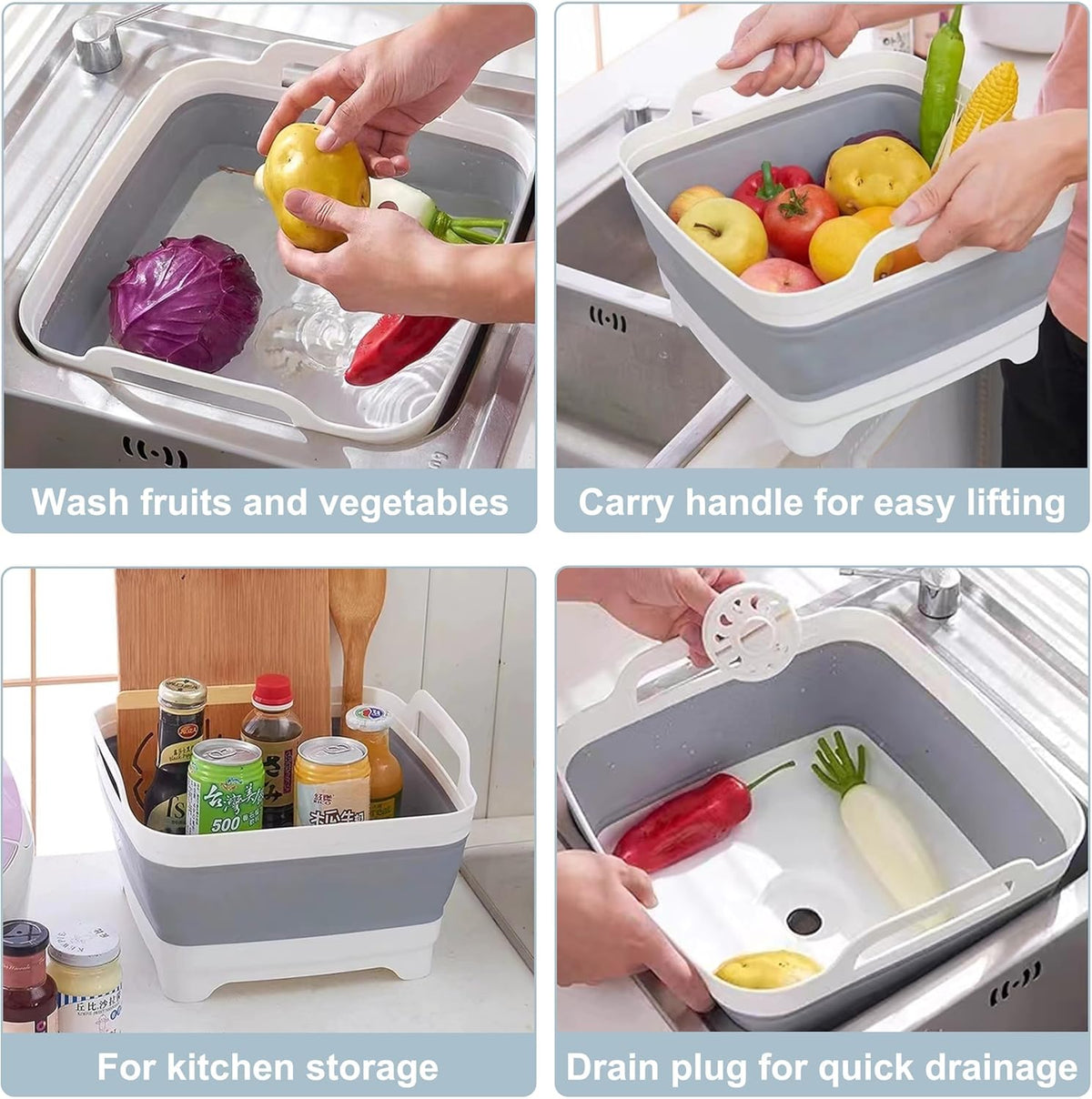 2.4 Gal(9L) Collapsible Dish Basin with Drain Plug, Space Saving Outdoor Multiuse Foldable Sink Tub, Dishpan, Kitchen Storage Tray for Camping, Vegetable Washing, RV (Gray)