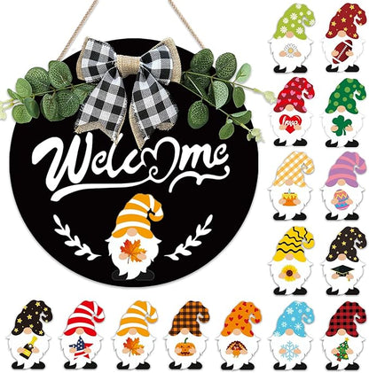 Interchangeable Welcome Sign for Front Door - 12 Inches Seasonal Gnome Decor - Wooden 4th of july Decorations for Home Classroom - Summer Wreath House Warming Gifts New Home
