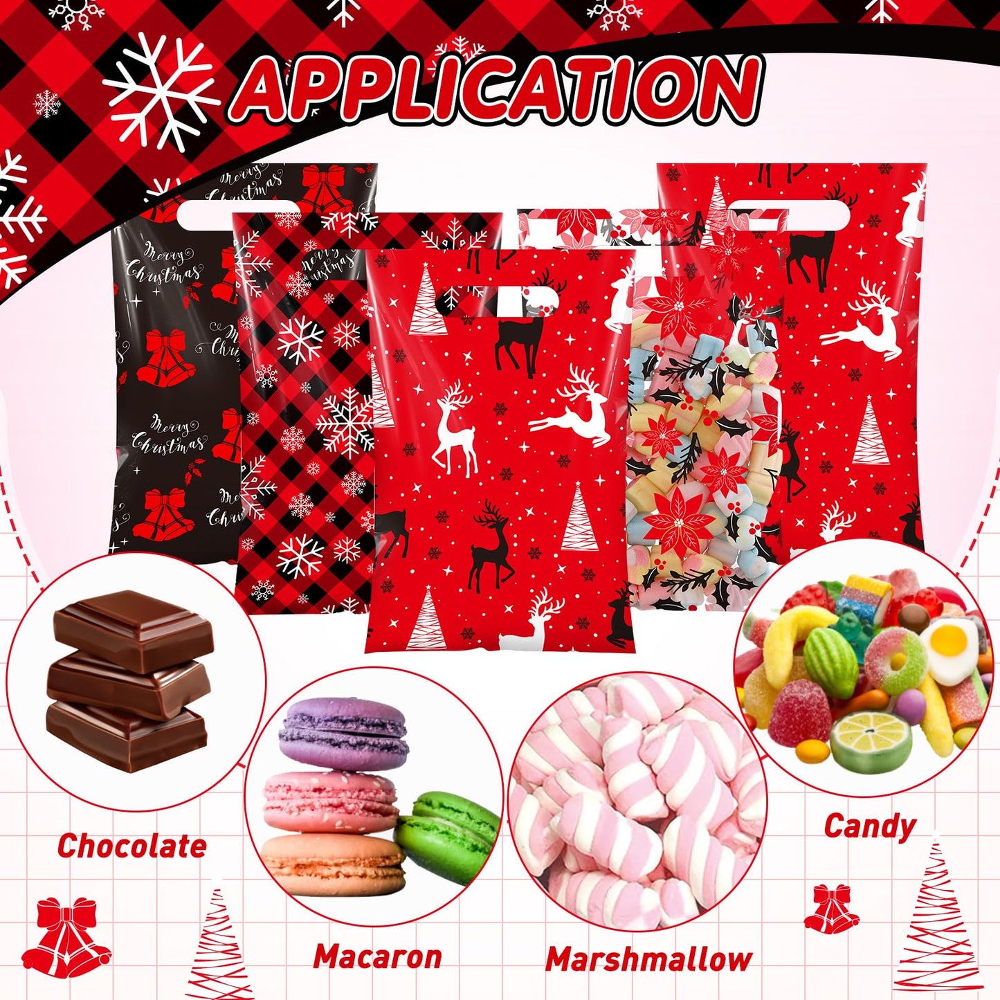 Teenyyou 60 Pcs Christmas Party Gift Bags Plastic Poinsettias Treat Bags Plaid Snowflakes Bells Reindeer Candy Goodie Handbags for Festive Holiday Winter Theme Favors Supplies
