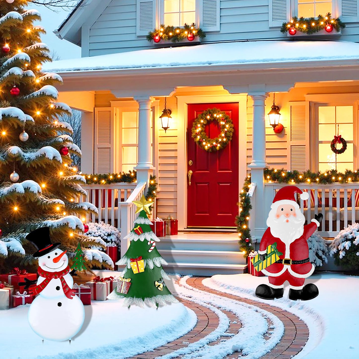 DETENE 3 Pcs Christmas Decorative Metal Stakes Outdoor Christmas Decor Metal Xmas Snowman Santa Claus Tree Yard Decorations for Garden Lawn Yard Signs
