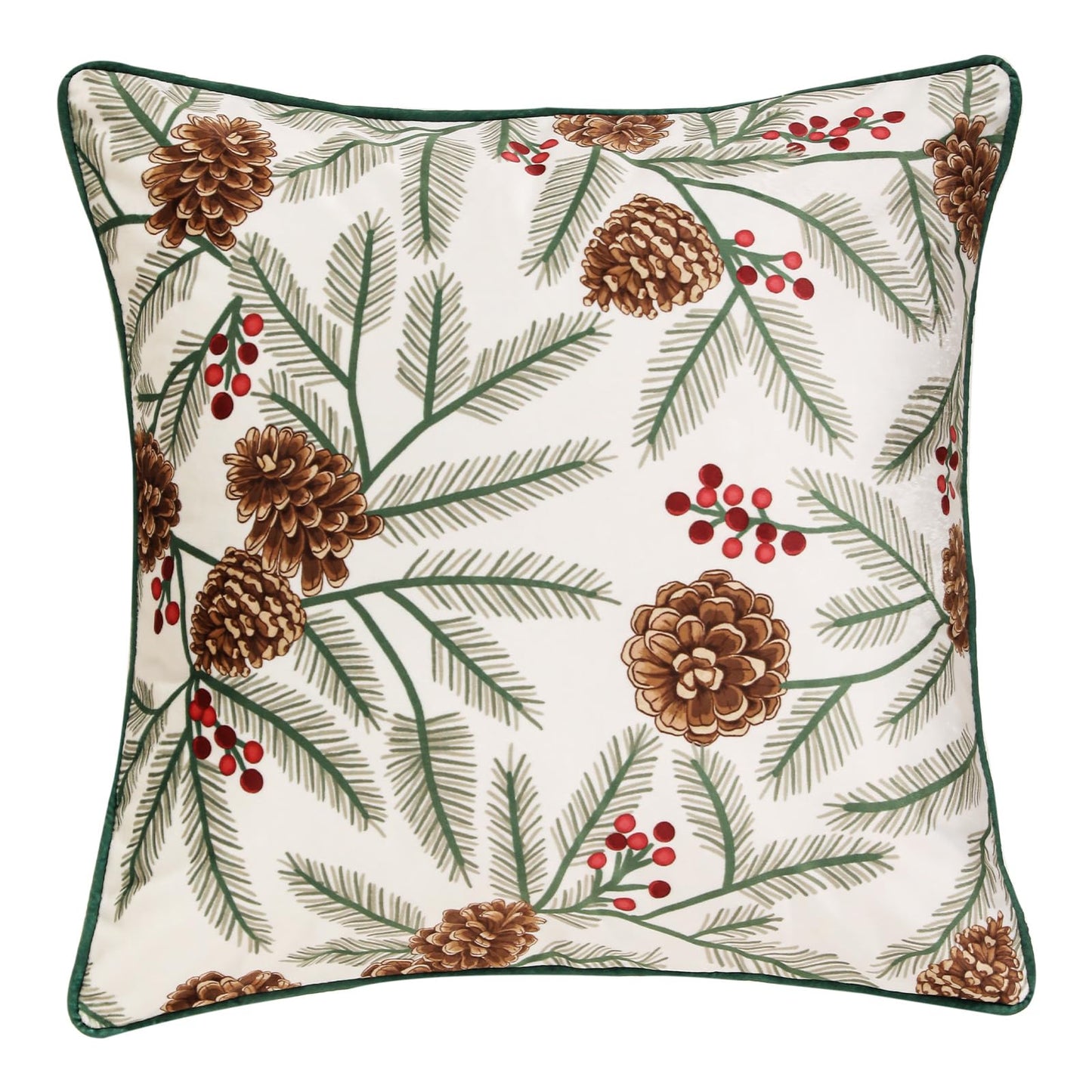ISAENNE Design Square Classic Chrismas Style Throw Pillow Covers 18"x18", Green Soft Velvet Cushion Cover with Pinecone Leaves Pattern Decor Pillowcases for Bed,Living Room,Outdoor,Car
