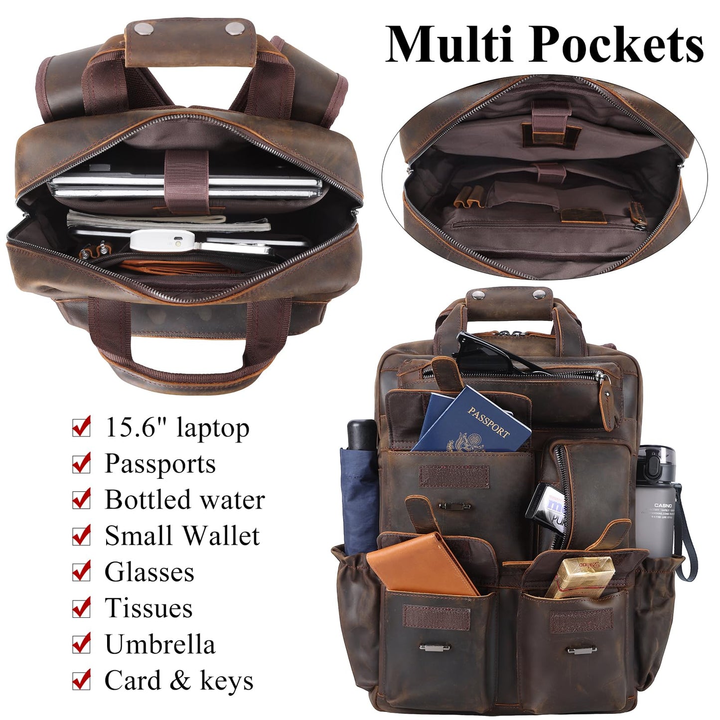 Masa Kawa Leather Backpack for Men Vintage 15.6 Inch Laptop Bag Multi Pockets Casual Travel Daypack Brown