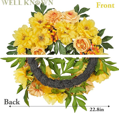 WELL KNOWN Flowering Wreaths for Front Door, Silk Peony Wreath for Front Door Porch & Indoor Wall Window, Fall Winter Wreath for Thanksgiving Farmhouse Party Veterans Day Home Decor (Yellow Orange)