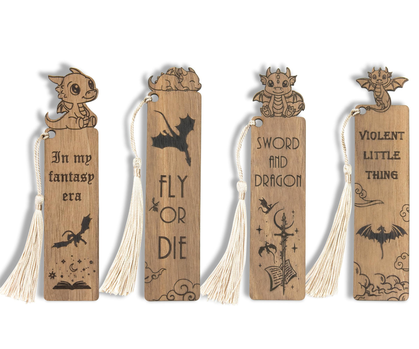 Dragon Bookmarks – Set of 4 Wooden Fantasy Bookmarks with Tassels, Made from Walnut Wood, Inspired by Mythical Dragons and Epic Adventures, Perfect for Book Lovers (Cute Dragon)