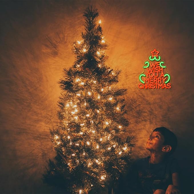 We Wish You a Merry Chritmas Neon Sign, Christmas Tree LED Neon Sign, LED Sign with Star for Christmas Decor, Holiday Wall Decoration, USB Powered, Adjustable Brightness